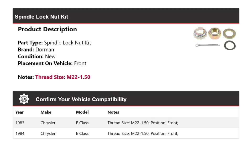For 1983-1984 Chrysler E Class Dorman Spindle Lock Nut Kit Front - Image 2 of 4