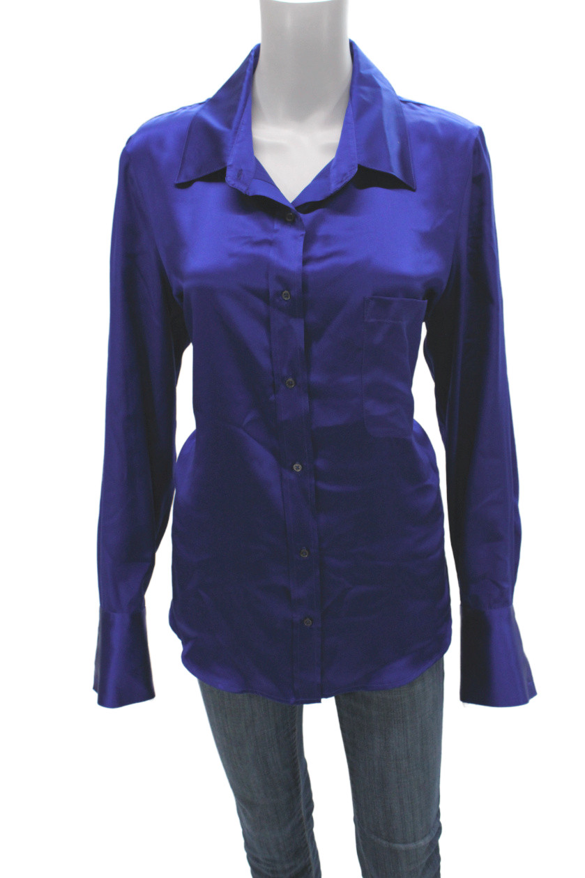 Kes Women Collared Silk Button-Up Blouse Long Sleeve Blue Classic Fall Size LFree Shipping in US $100+ Orders | $6.95 Orders Below