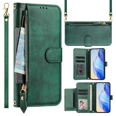 For iPhone Samsung Honor Zip Leather Card Wallet Case Crossbody Flip Stand Cover