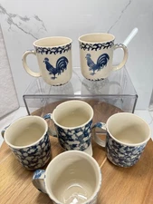 Tienshan Folk Craft Coffee Mugs Lot of 6 – 2 Rooster & 4 Blue Spongeware VTG