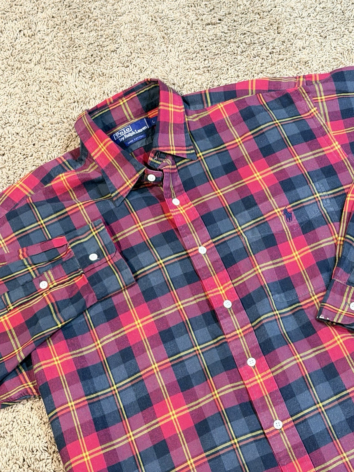 VTG 90s Polo Ralph Lauren Flannel Plaid Button Up Shirt Men Large Preppy Casual