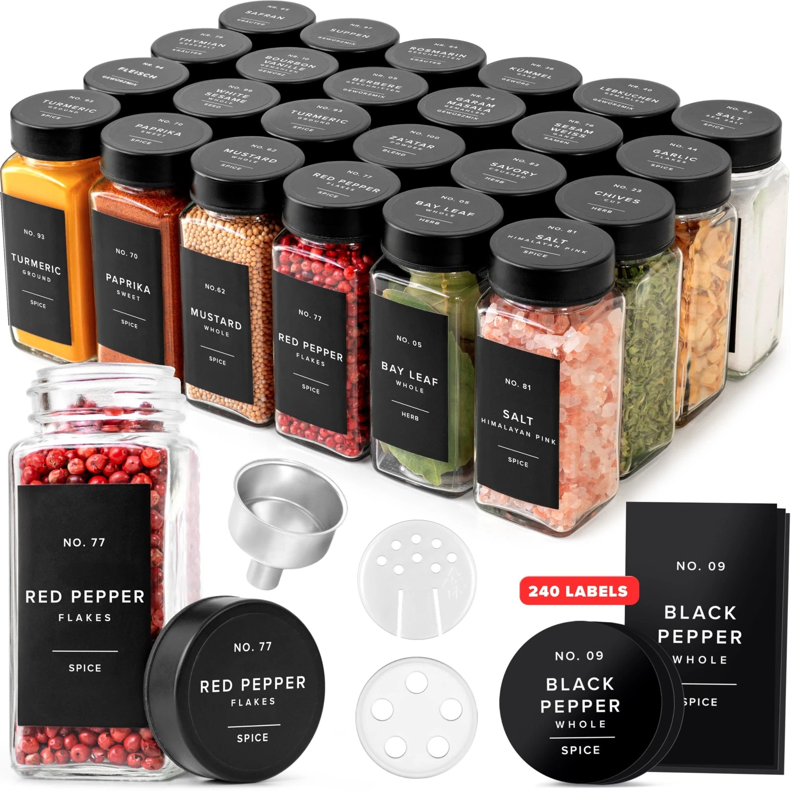 Glass Spice Jars with Label and Black Lids (24 x 4oz) Spice Containers with 2...