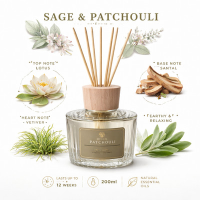Raumduft Diffusor 200ml mit Holzstäbchen - Sage & Patchouli / Wood & Cashmere