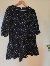 Time & Tru Black Ditsy Dark Floral Corduroy Tiered Midi Dress L Dark Cottagecore