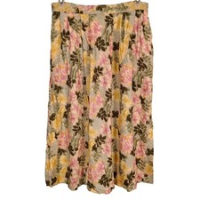 Sag Harbor Petite Floral Midi Skirt Pink Yellow Rayon Elastic Waist vacation