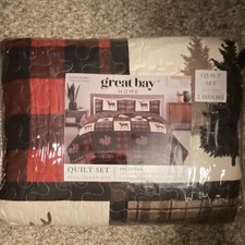 Great Bay Home Stonehurst Collection Full/Queen Quilt Set Red Black Plaid Moose