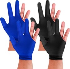 Billiards Glove 2 Pcs Three Finger Pool One Size, black and blue