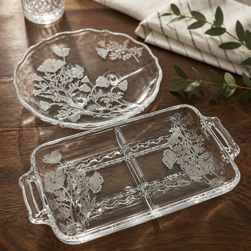 Silver CityClear Glass Floral silver overlay Tray Set, Handles, set of 2
