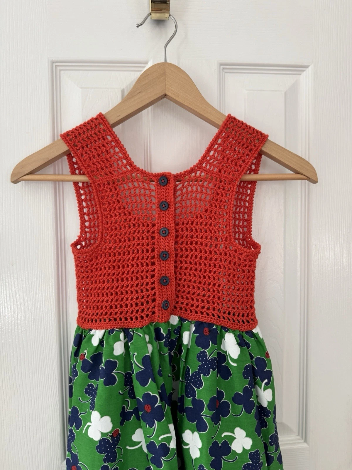 Vtg Style Crochet Top Sundress Green Floral Handmade Knit Bodice Boho Girl’s M/L