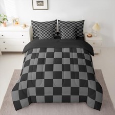 Checkered Retro Comforter Set Size 7 Pieces Plaid Bedding Set Full Black Grey