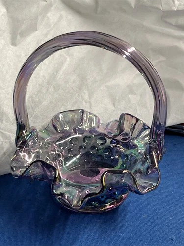 Vintage Fenton Iridescent Purple/Violet/Plum Hobnail Basket 5”X4”