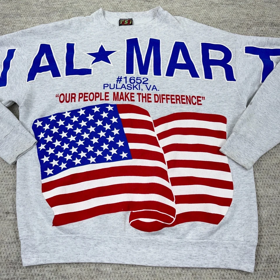 Sudadera De Colección Walmart Hombres XL Gris Cuello Redondo Años 80 90 AOP Spellut Bandera de EE. UU. * Foto 3 de 4