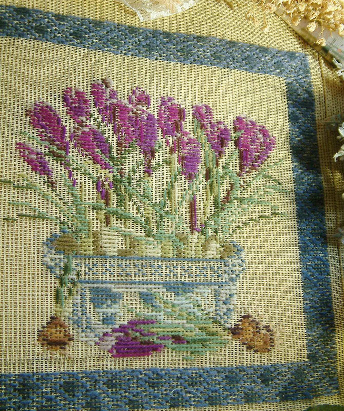 Pretty Purple Narcissus in Blue White Flowerpot Tramme Needlepoint