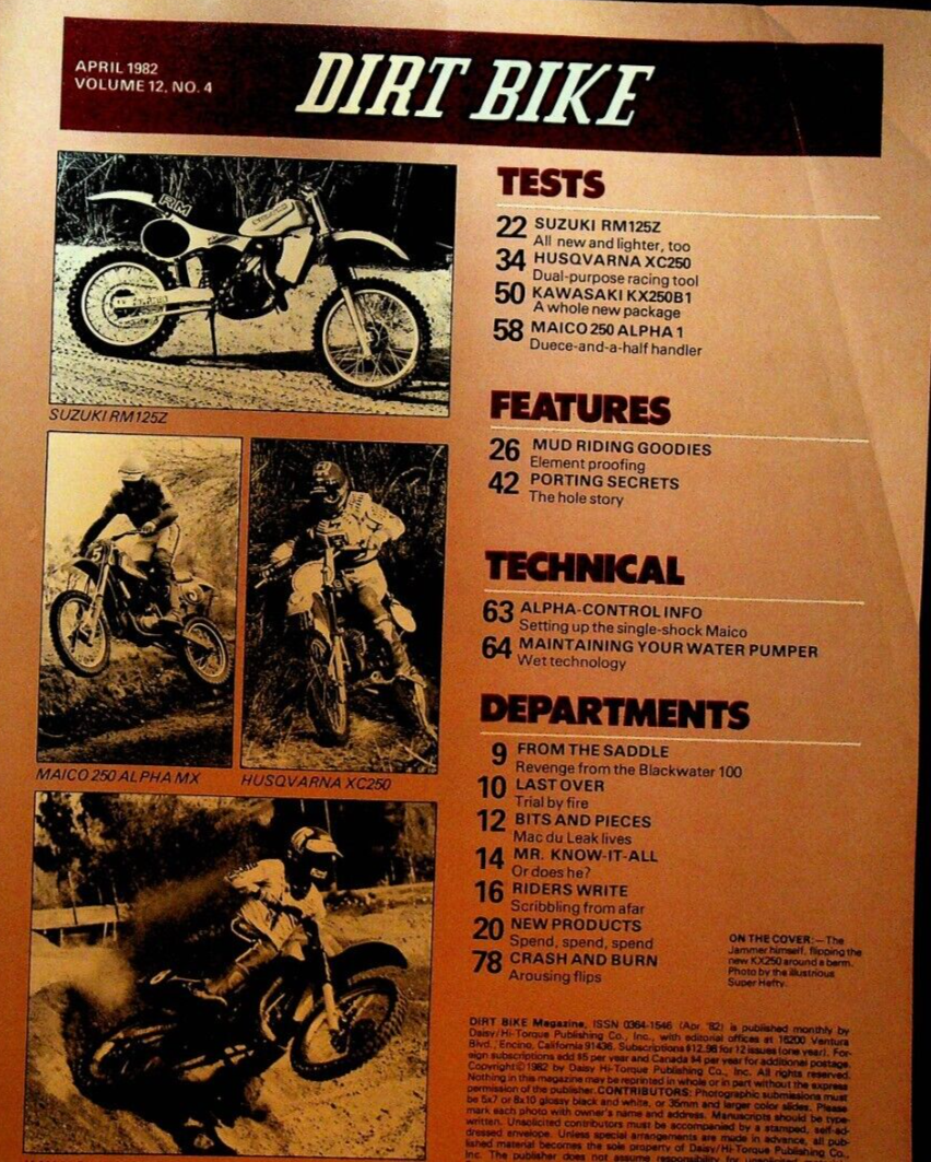 Dirt Bike Magazine April 1982 Suzuki RM125Z Husqvarna XC250