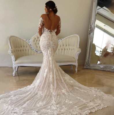 Romantic Boho Lace Wedding Dress Long Sleeve Mermaid Open Back Bridal Gowns  | eBay
