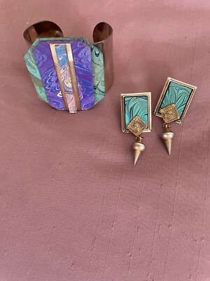 Goldtone Purple and Teal Cuff Bracelet and Earrings Set