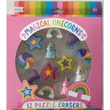 Ooly Magical Unicorns 12 Puzzle Erasers Set (Rainbows, Skates, Unicorn, Star)