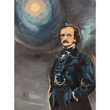 Original Edgar Allen Poe Dark Horror Impasto Portrait Painting Canvas Art 24"