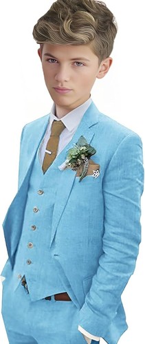 Boys Linen Suit Boys Tuxedo Slim Fit 3 Piece Summer Suit Kids Linen Suit Jacket - Picture 15 of 31