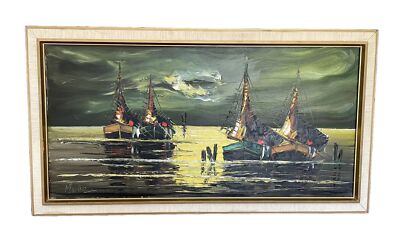 Crab Fishing Boats Original Oil On Canvas Signed Martin. Mid Century