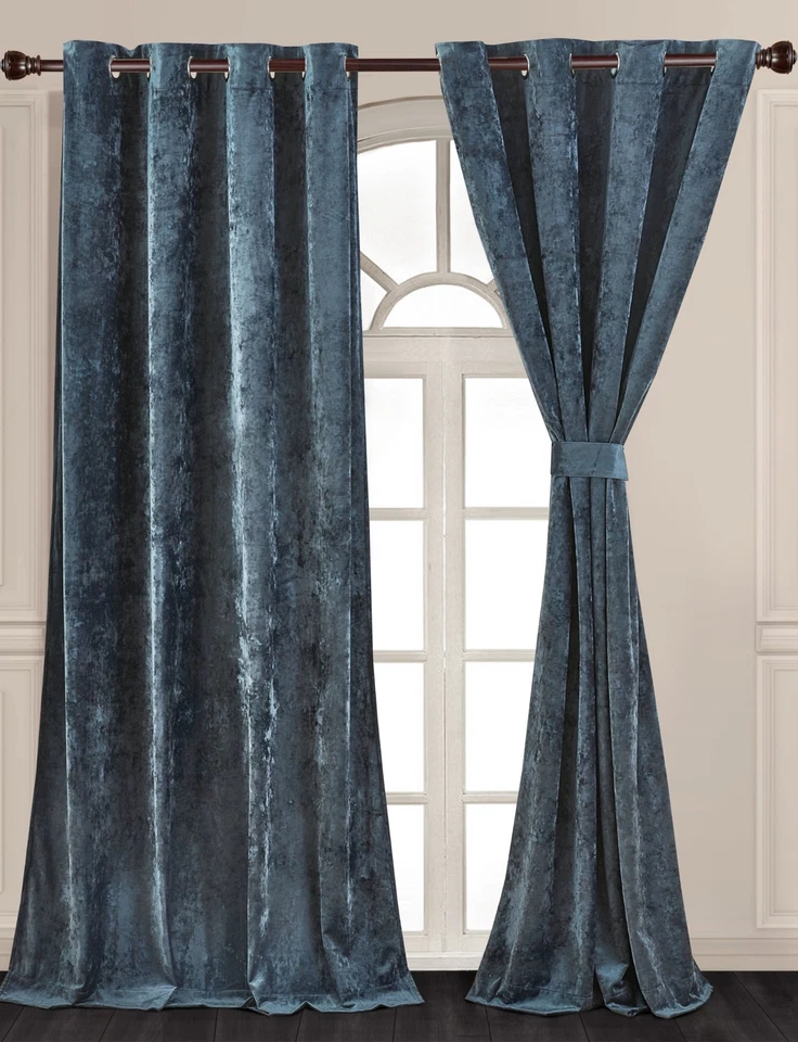 Chezmoi Collection Lux Distressed Velvet Grommet Window Curtain Set of 2 Panels - Image 3 of 4