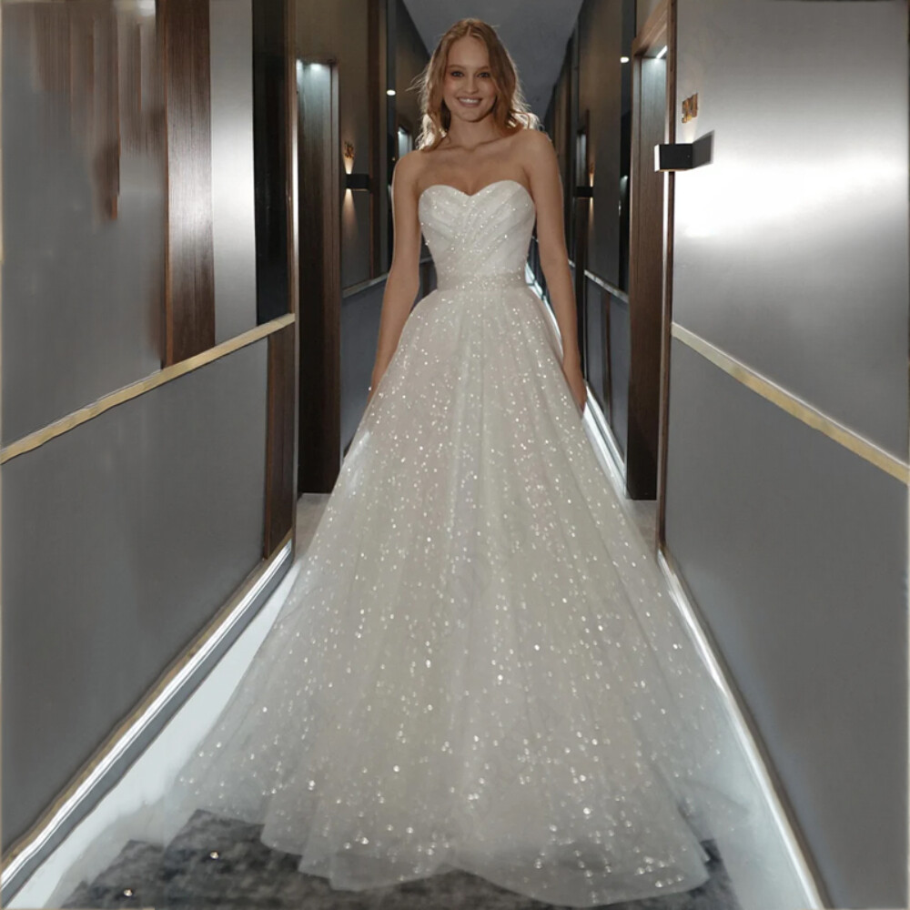 Shiny Tulle Princess Wedding Dress Strapless Lace Up Back Bow A