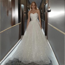 Shiny Tulle Princess Wedding Dress Strapless Lace Up Back Bow A-Line Bridal Gown