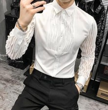 Mens Work Fashion Glitter Long Sleeves Slim Fit Dress Shirt Nightclub Party Tops