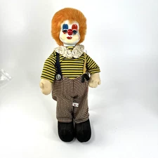Clown Doll Ceramic Face Red Nose Orange Hair Miss Match Cloths Stiff Body