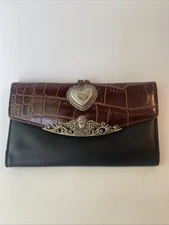 VTG Brighton Leather Black Brown Womens Wallet Braided Leather Heart 2 Tone