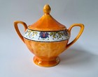 Beyer & Bock Porcelain Sugar Bowl with Lid, Orange, Black Trim (Germany c 1930s) — photo 4