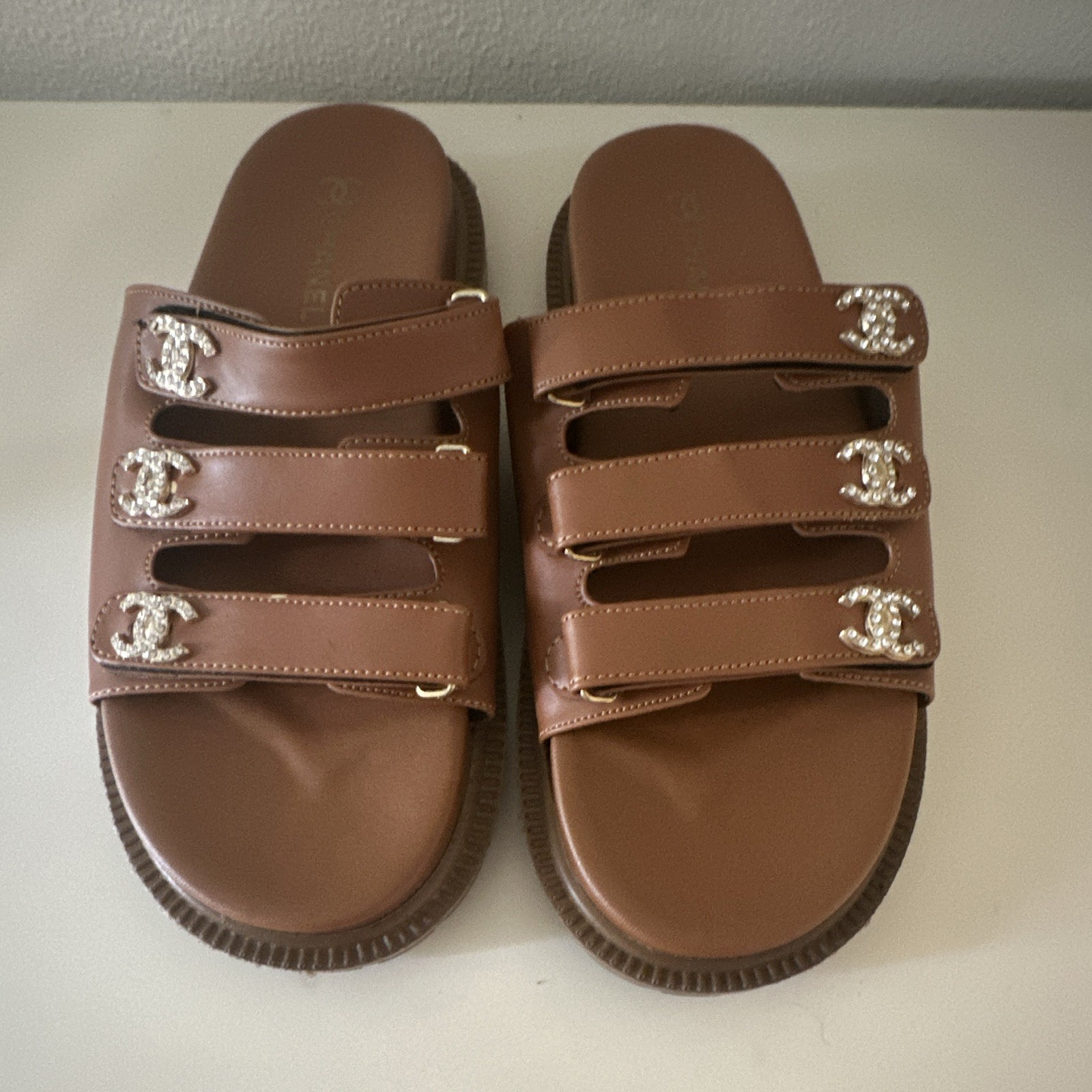 CHANEL Women's Brown Leather Slide Sandals Adjustable Buckle Logo Accents Size 9