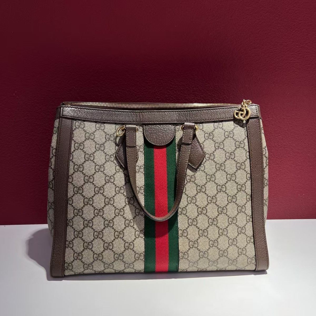 Auth Gucci Ophidia GG Supreme Canvas Web Stripe Leather Trim Top