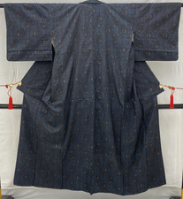 Japanese Vintage Kimono Silk Navy Tumugi Traditional Authentic Length 56in