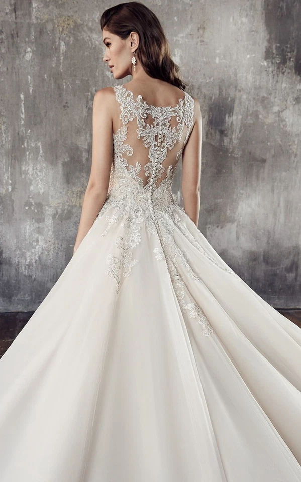 Vestido de novia de tul marfil champán con cuentas de encaje hecho a medida 2-28 W Foto 2 de 4