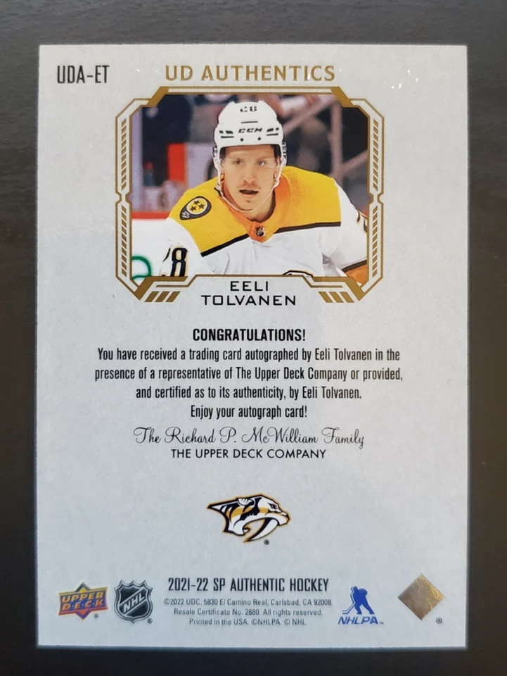 2021-22 SP Authentic Eeli Tolvanen UD Authentics Auto UDA-ET Nashville Predators - Image 2 of 2