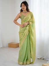 Women's Tissue Silk Scalloped Border Sequins Embroidery Saree with Blouse