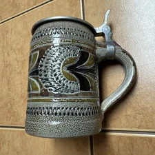 Vintage German Beer Stein Pewter Lidded Handarbeit Pottery