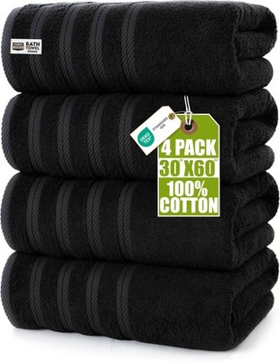 Bath Towels 4 Pack 60 Inch 100% Cotton Lightweight Absorbent Quick Drying Black