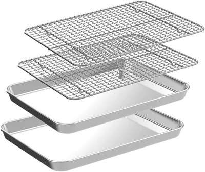 4 PCs Small Baking Sheet with Wire Rack Set [2 Baking Pans + 2 Cooling Racks