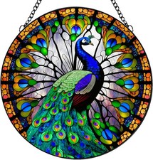 Peacock Decor Stained Glass Suncatcher Window Wall Hanging Ornament Hand-Painted
