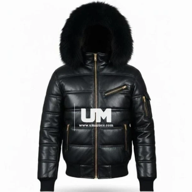 Mens Black Real Leather Puffer Jacket With Fur Hood Premium Winter Wear