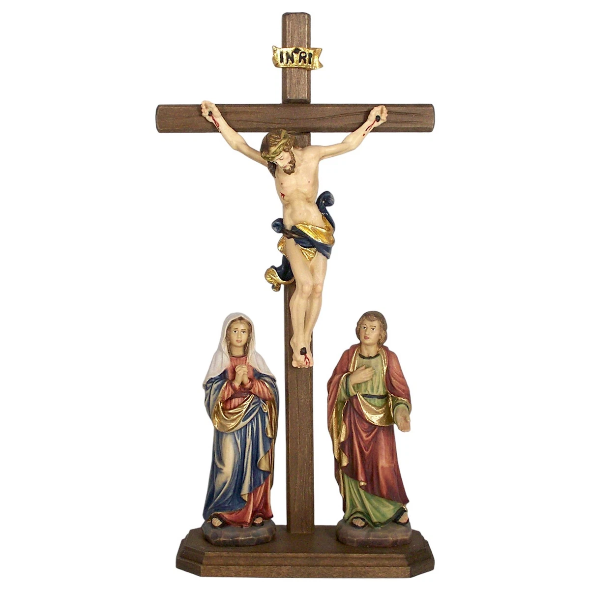 HOLZ KREUZIGUNGSGRUPPE – Stehbalken 24 cm – Maria & Johannes fixiert – coloriert