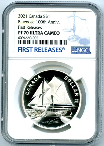 2021 $1 CANADA SILVER PROOF BLUENOSE DOLLAR 100TH NGC PF70 UCAM FIRST RELEASES
