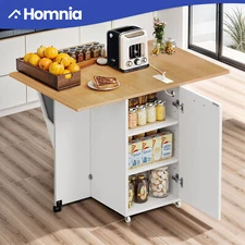 47" Rolling Kitchen Island Wood Drop-Leaf Table Dining Utility Cart Power Outlet