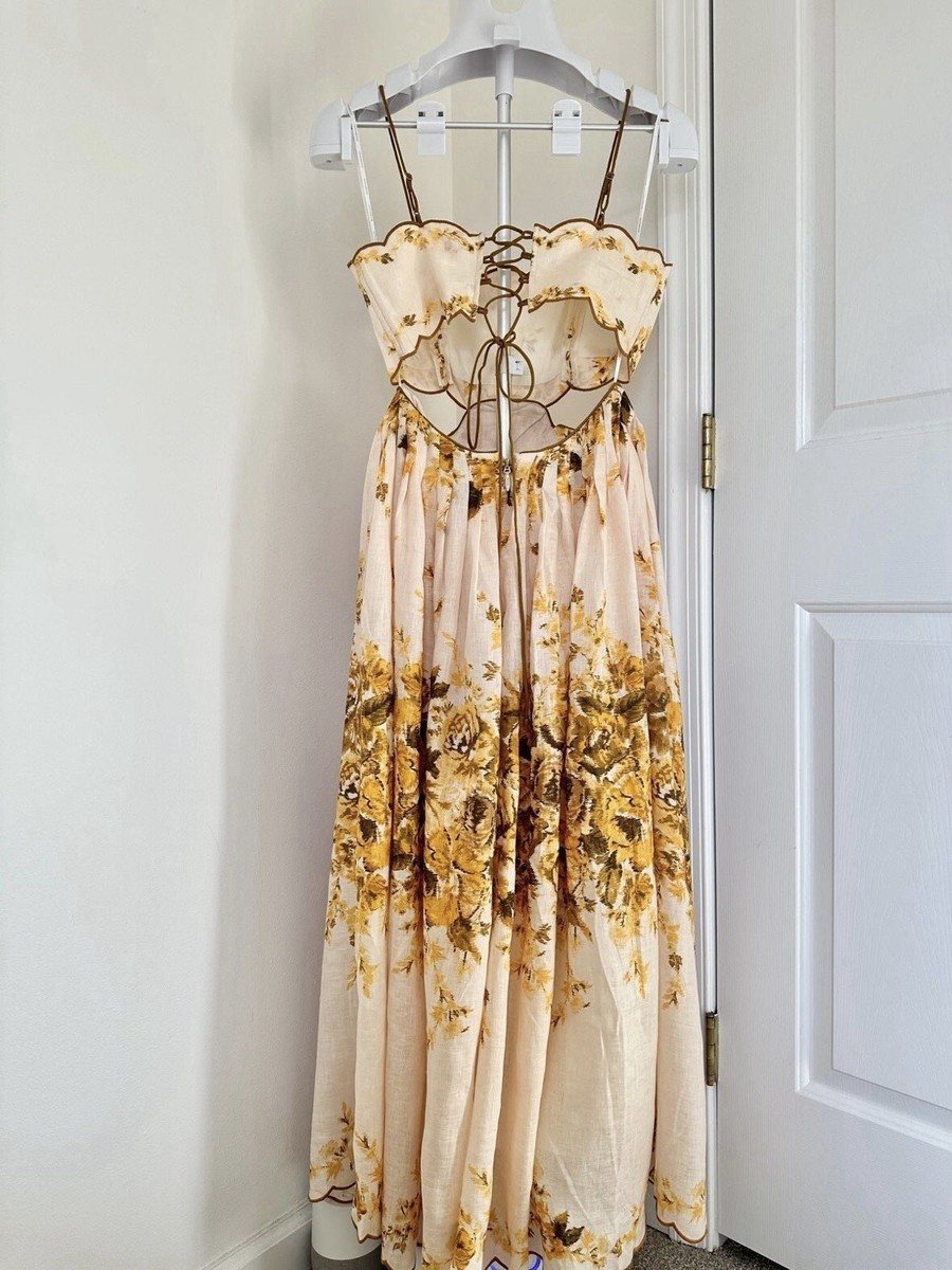 zimmermann golden pleated floral slip dress Zimmermann Golden Ruffle Mini Dress, Pink/Gold Floral, Size 2