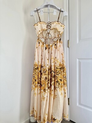 NWOT Zimmermann Aliane Scallop Linen Amber Floral Open Back Midi Dress AU3  L | eBay