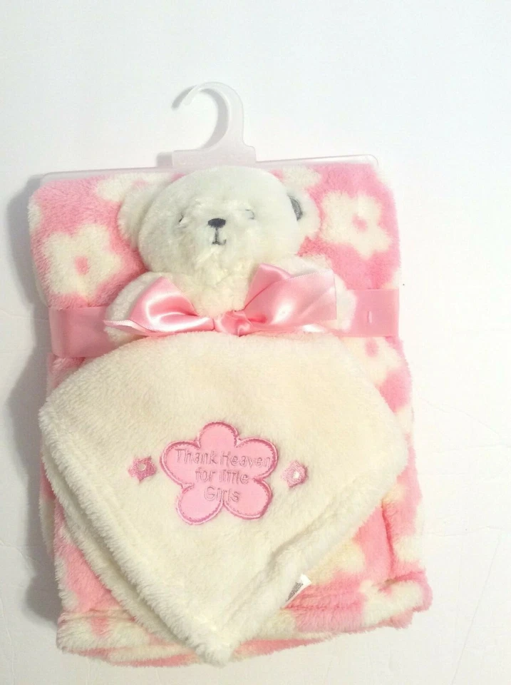 Juego de 2 mantas para bebé oso de felpa rosa blanco floral gracias al cielo para niñas pequeñas Foto 2 de 4