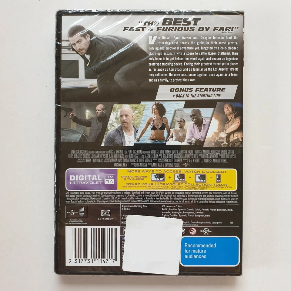 Fast And Furious 7 (DVD, 2015) PAL Region 2 4 5 (Vin Diesel, Dwayne Johnson) NEW - Image 3 of 4