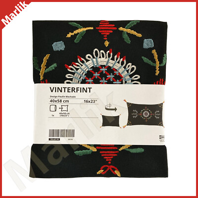 Ikea VINTERFINT Pillow Cushion Cover 16x 23'' Embroidered, Black Floral, NEW